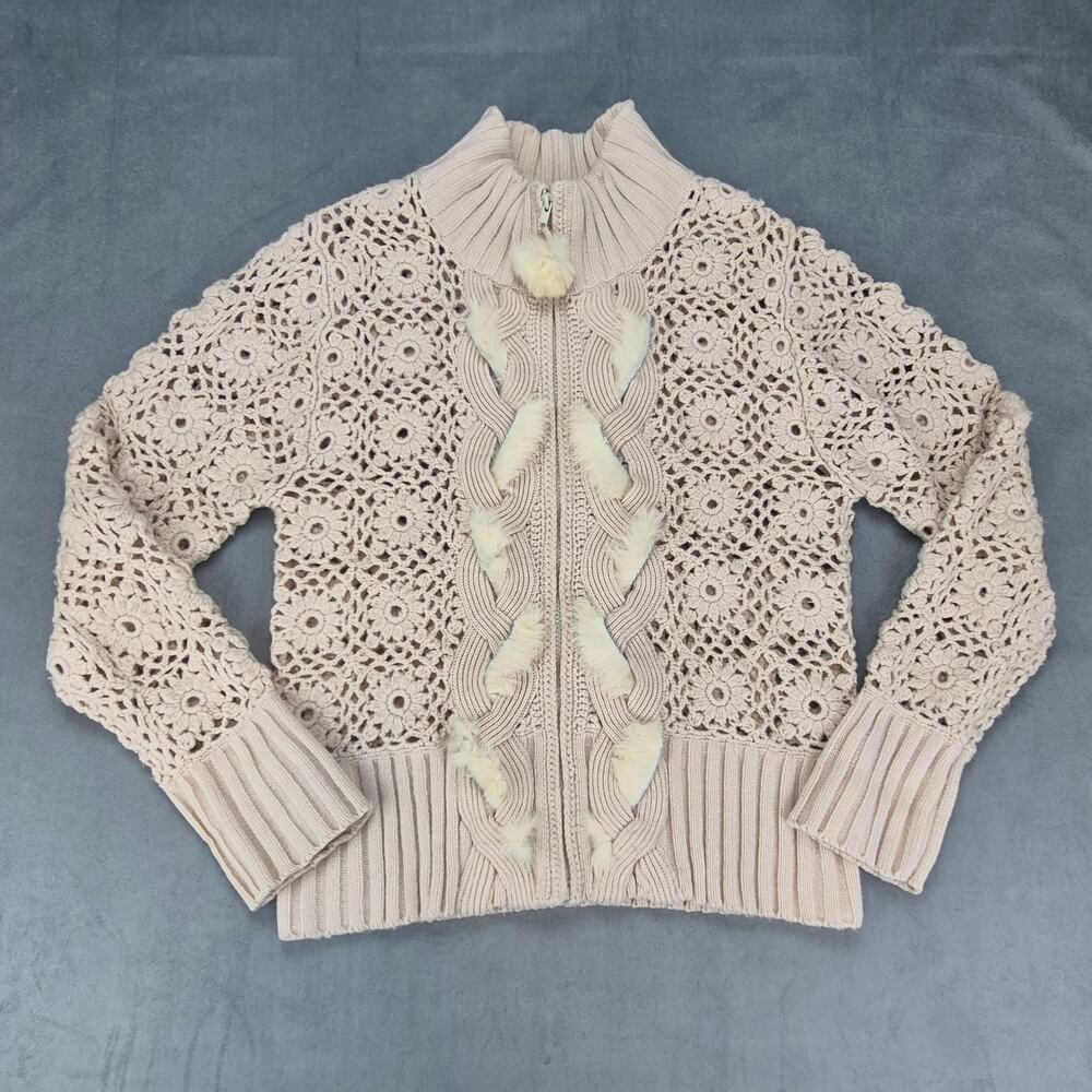 Great Cavalier Floral Crochet Cable Knit Wool Blend Cardigan L Beige Fur Detail